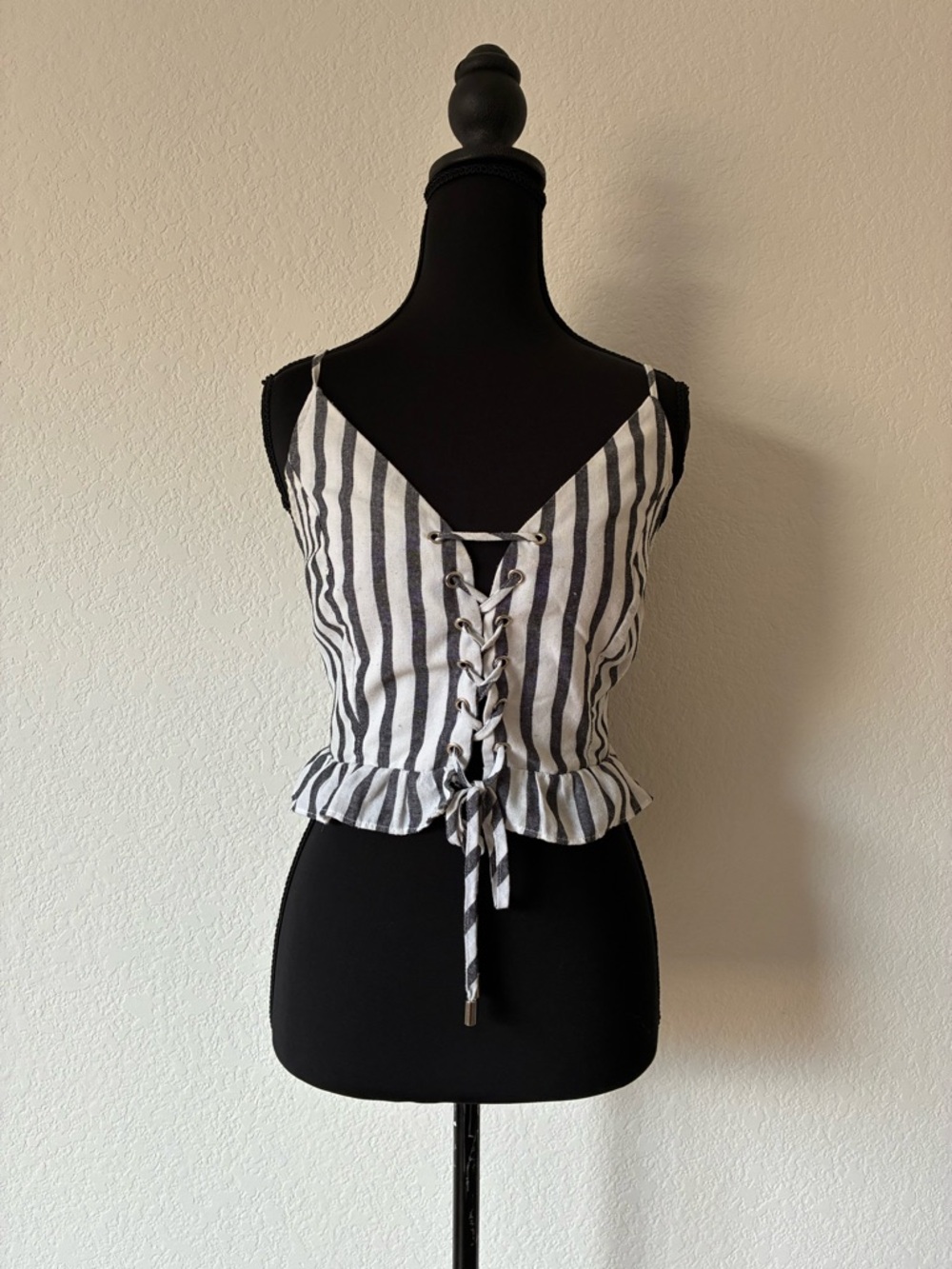 Striped Lace-Up Ruffle Cami Top Navy & White Festival Nautical Boho